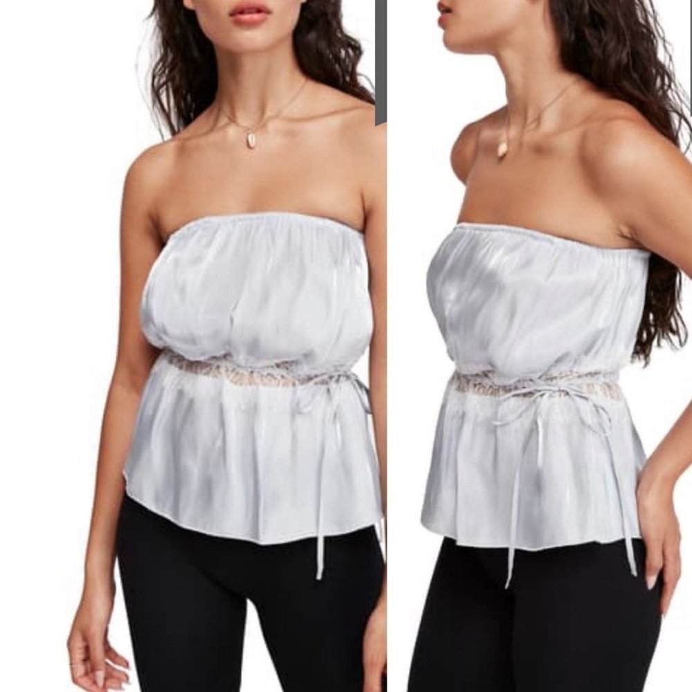 Free People White Strapless Lace-Trim Peplum Top